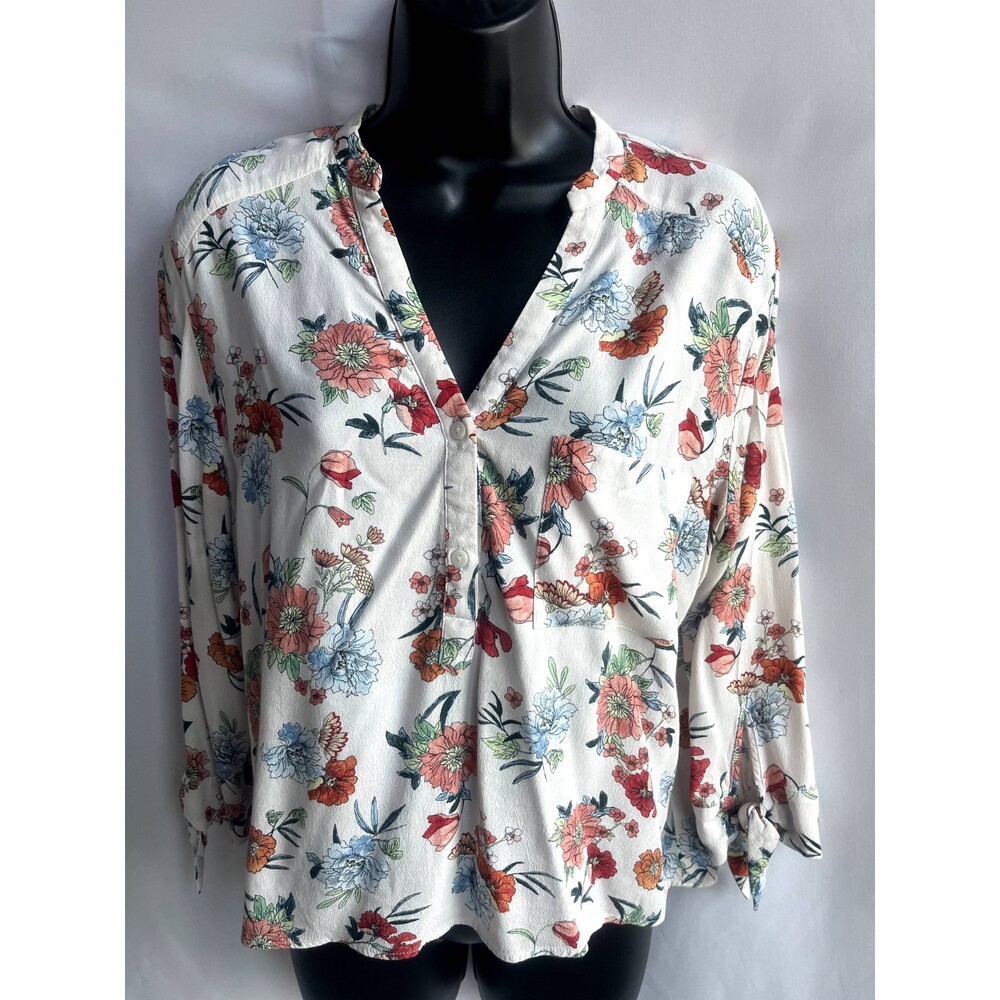 Zara Basic Floral Cream Popover Blouse Top M Cute Feminine Girly Office Career